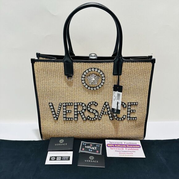 Versace Medusa La Vacanza Studded Raffia Leather Trim Large Tote Bag NWT $2,075 - Picture 6 of 16